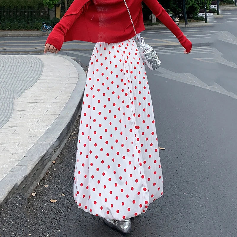 Red Wave Point Flower Bud Skirts Women Korean Elastic High Waist A Line Long Skirt Woman Japanese Summer Puffy Skirts Female