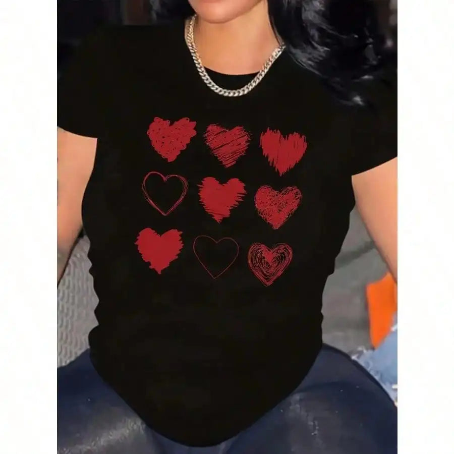 Plus Size Women's Black T-Shirt with Red Heart Design - Short Sleeve, Round Neck, Stretchy Polyester Blend, Machine Washable