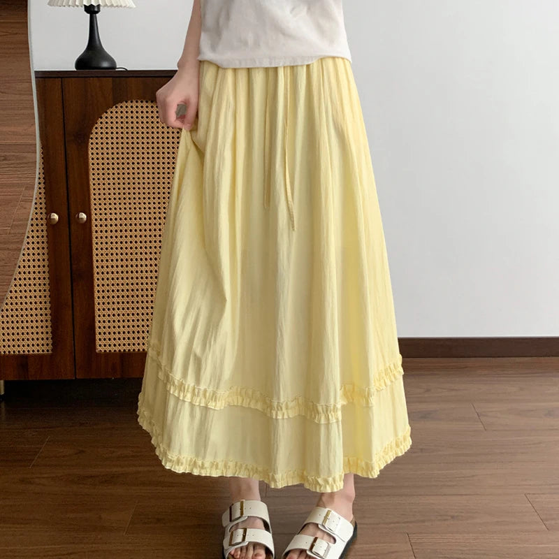 Summer Solid Color Ruffles Long Skirts Women Comfortable Elastic Waist Sweet Skirt Woman 2026 Korean Ice Silk A Line Midi Skirts